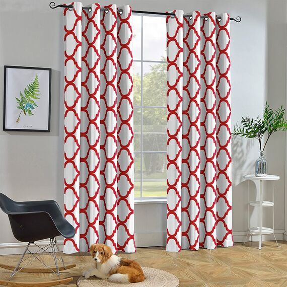 Melodieux Marokkanische modische, wärmeisolierte Vorhänge mit Ösen, Raumverdunkelungsvorhänge für Wohnzimmer, 132 x 244 cm, Cremeweiß/Rot, 1 Vorhangschal