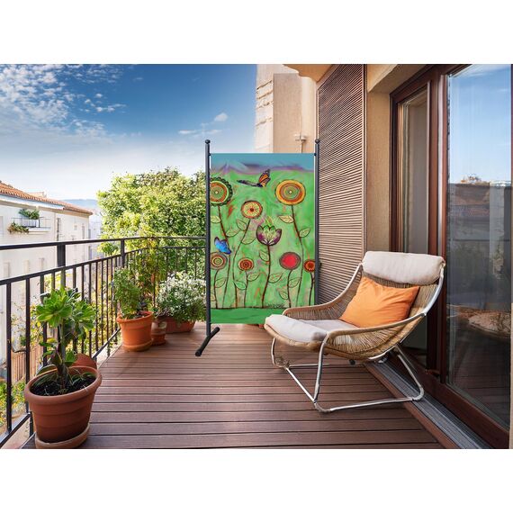 QUICK STAR Paravent Outdoor Wetterfest 180 x 78 cm Green Flowers | Raumteiler Stellwand Innen | Garten & Balkon Sichtschutz Blickdicht
