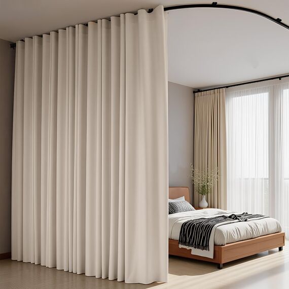 Raumteiler Vorhänge Flexible Deckenschienen Set Vorhangschiene Deckenhalterung Verdunkelungsvorhang für Wohnzimmer Schlafzimmer Deckenvorhangstange Sichtschutz Trennwände Paneele B100xH84 Beige Drape