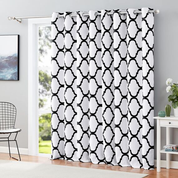 Melodieux Marokkanischer modischer Verdunkelungsvorhang mit Ösen, für Terrassentür, 254 x 244 cm, Cremeweiß/Schwarz (1 Vorhangschal)