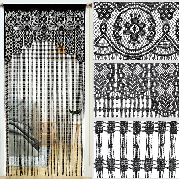YaoYue Makramee-Spitzen-Türvorhang für Türen, Raumteiler, Hippie-Fensterpaneel, Raumteiler, Wandschrank, Vorhänge für Schlafzimmer, Schrank, Türvorhänge, Dekorationen (90 x 200 cm, schwarz)