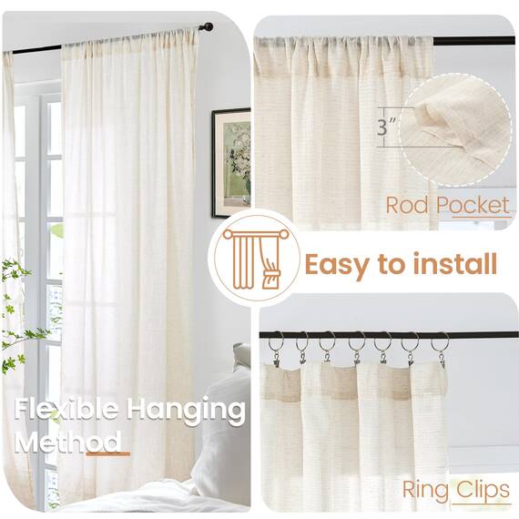 BGment 228 cm lange Vorhänge für Wohnzimmer – beige Leinen-Fenstervorhänge, halbtransparent, Stangentasche, Lichtfilterung für Schlafzimmer, Esszimmer, Dekoration, leicht, rustikal, 2 Paneele, 132 cm