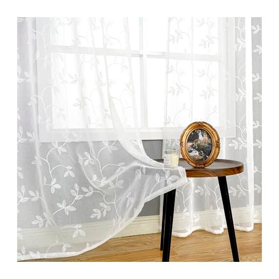 BGment Durchsichtige Vorhänge, 274,3 cm lang, extra lang, besticktes Rankenmuster, lichtfilternd, Kunstleinen, Fenster, halbtransparent, Voile-Vorhänge für Wohnzimmer, 132 x 274 cm, Weiß