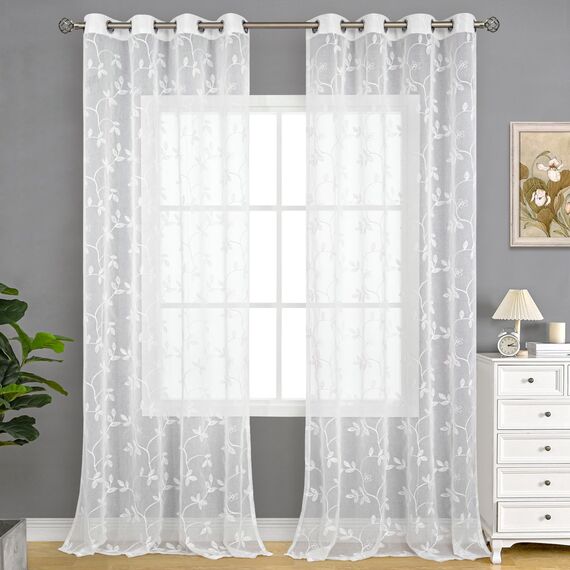 BGment Durchsichtige Vorhänge, 274,3 cm lang, extra lang, besticktes Rankenmuster, lichtfilternd, Kunstleinen, Fenster, halbtransparent, Voile-Vorhänge für Wohnzimmer, 132 x 274 cm, Weiß