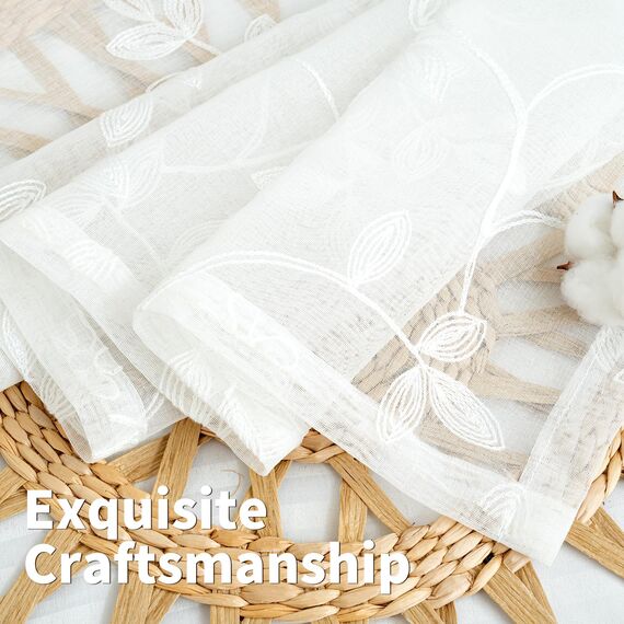 BGment Durchsichtige Vorhänge, 274,3 cm lang, extra lang, besticktes Rankenmuster, lichtfilternd, Kunstleinen, Fenster, halbtransparent, Voile-Vorhänge für Wohnzimmer, 132 x 274 cm, Weiß