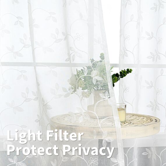 BGment Durchsichtige Vorhänge, 274,3 cm lang, extra lang, besticktes Rankenmuster, lichtfilternd, Kunstleinen, Fenster, halbtransparent, Voile-Vorhänge für Wohnzimmer, 132 x 274 cm, Weiß