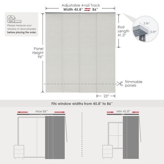 GoDear Design Verstellbare Schiebetür-Jalousien, 116,3 cm - 218,4 cm B x 243,8 cm H, ausziehbare vertikale Jalousien für Schiebetüren, Paneelschienen-Fensterrollos, zuschneidbarer gewebter Stoff,