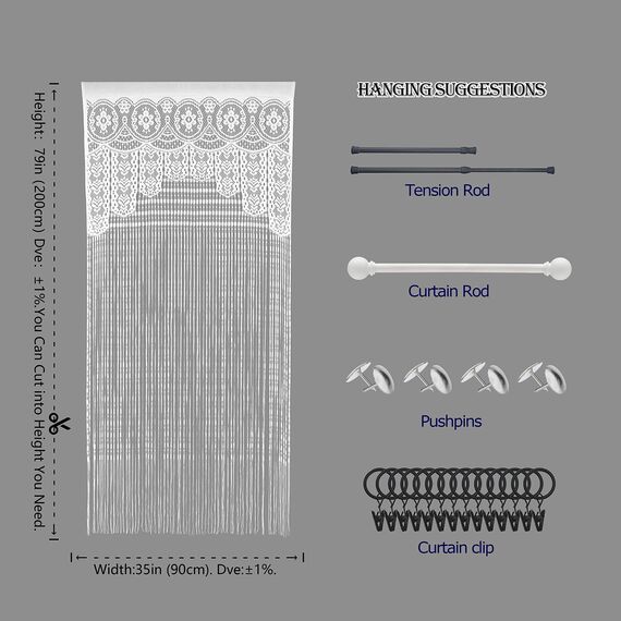 Makramee-Spitzen-Türvorhang für Türen, Raumteiler, Hippie-Fensterpaneel, Raumteiler, Wandschrank, Vorhänge für Schlafzimmer, Schrank, Türvorhänge, Dekorationen (90 x 200 cm, weiß), 2 Stück