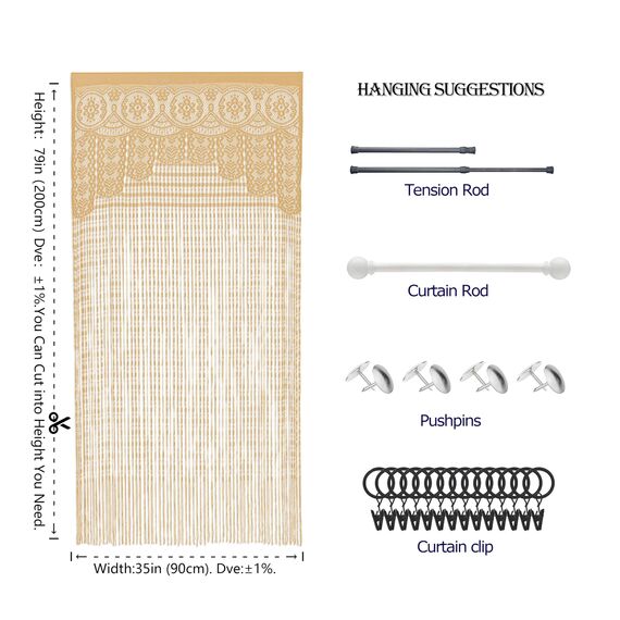 YaoYue Makramee-Spitzen-Türvorhang für Türen, Raumteiler, Hippie-Fensterpaneel, Raumteiler, Wandschrank, Vorhänge für Schlafzimmer, Schrank, Türvorhänge (90 x 200 cm, Champagner), 2 Stück