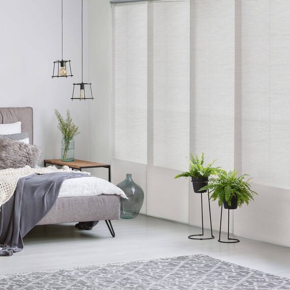 GoDear Design Verstellbare Schiebetür-Jalousien, 116,3 cm - 218,4 cm B x 243,8 cm H, ausziehbare vertikale Jalousien für Schiebetüren, Paneelschienen-Fensterrollos, zuschneidbarer gewebter Stoff,