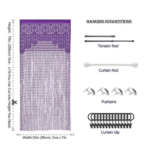 Makramee-Spitzen-Türvorhang für Türen, Raumteiler, Hippie-Fensterpaneel, Raumteiler, Wandschrank, Vorhänge für Schlafzimmer, Schrank, Türvorhänge, Dekorationen (35 x 200 cm, weiß), Violett, 2 Stück