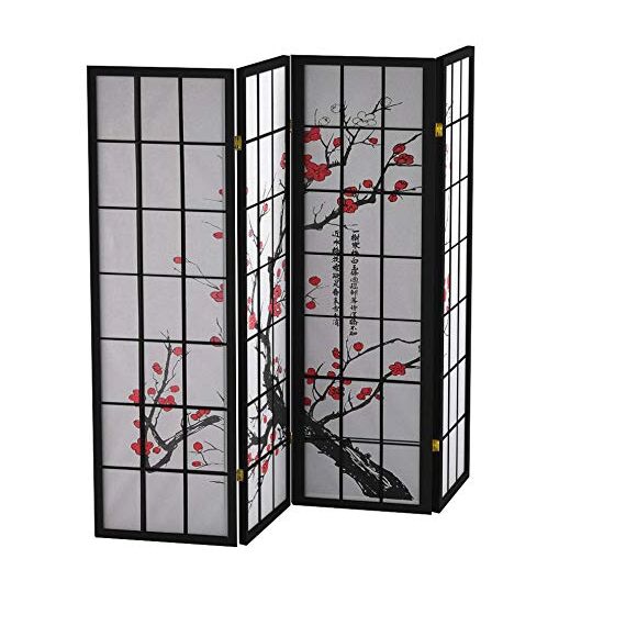 Roundhill Furniture Schwarzer japanischer Raumteiler mit 4 Paneelen, Pflaumenblüte