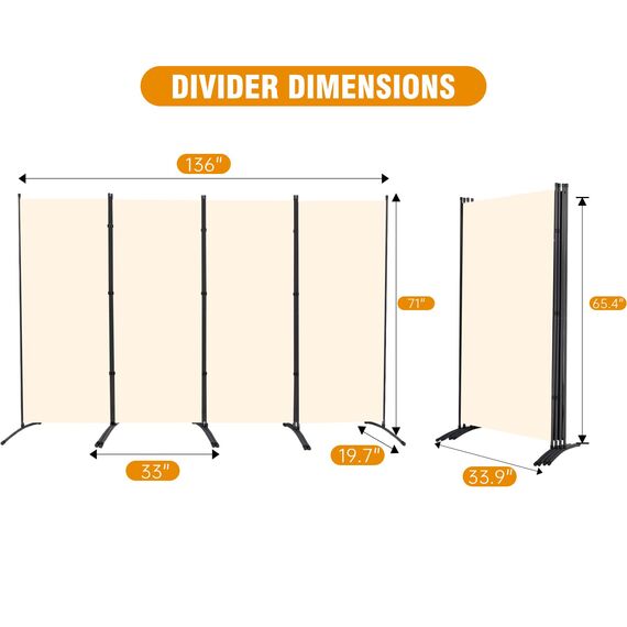 CHOSENM 4 Panel Folding Privacy Screens, 6 FT Tall Wall Divider with Metal Frame, Freistehender Raumteiler für Office Bedroom Study (4 Panel, Beige)