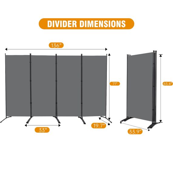 CHOSENM 4 Panel Folding Privacy Screens, 6 FT Tall Wall Divider with Metal Frame, Freistehender Raumteiler für Office Bedroom Study (4 Panel, Grau)
