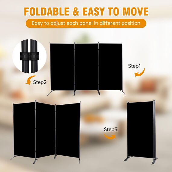 CHOSENM 3 Panel Folding Privacy Screens, 6 FT Tall Wall Divider with Metal Frame, Freistehender Raumteiler für Office Bedroom Study (3 Panel, Black)