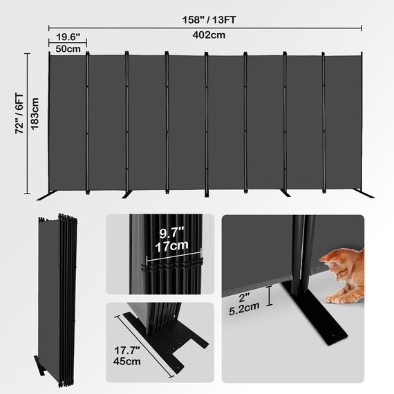 MAYOLIAH Raumteiler mit 8 Paneelen, 1,8 m hoch, freistehend, 404,6 cm breit, tragbare Büro-Trennwand, Grau