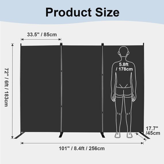 MAYOLIAH Raumteiler, 3 Paneele, 1,8 m hoch, zusammenklappbar, mit flachem Boden, tragbare Büro-Trennwand, Innenwandtrenner, 256,5 cm B x 182,9 cm H