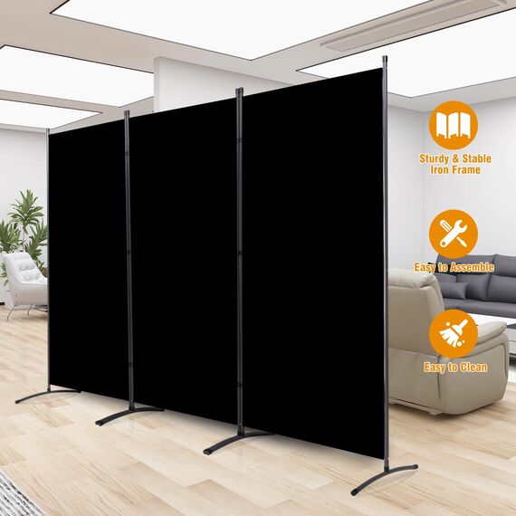 CHOSENM 3 Panel Folding Privacy Screens, 6 FT Tall Wall Divider with Metal Frame, Freistehender Raumteiler für Office Bedroom Study (3 Panel, Black)