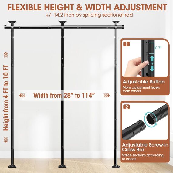 SUNALLY Raumteiler ohne Bohren Gardinenstange Wandteiler für Raumtrennung, 1,2–3 m (H) 71,1–289,6 cm (B) verstellbar, robuste Trennwand, Raumtrenner, freistehend, Spannvorhangständer, schwarz