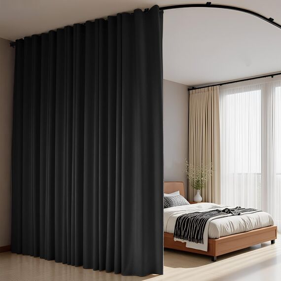 Raumteiler Vorhänge Flexible Deckenschienen Set Vorhangschiene Deckenhalterung Verdunkelungsvorhang für Wohnzimmer Schlafzimmer Deckenvorhangstange Sichtschutz Trennwände Paneele B180 x H108 Schwarz