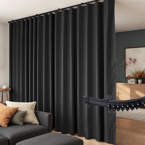 hoeflife Raumteiler, Verdunkelungsvorhänge, Schiene, Deckenmontage, Deckenschiene für Vorhang, Wohnzimmer, Schlafzimmer, Trennwände, Vorhänge (schwarze Schiene x 1 + 1 Paneel B 254 x H 274 cm,