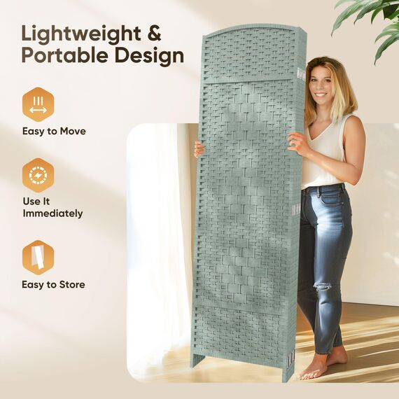 JOSTYLE Faltbarer Sichtschutz Raumteiler, 4 Paneele, 1,8 m hoch, freistehend, extra breit, Rattan, Raumteiler, Trennwand, Trennwände, Grau