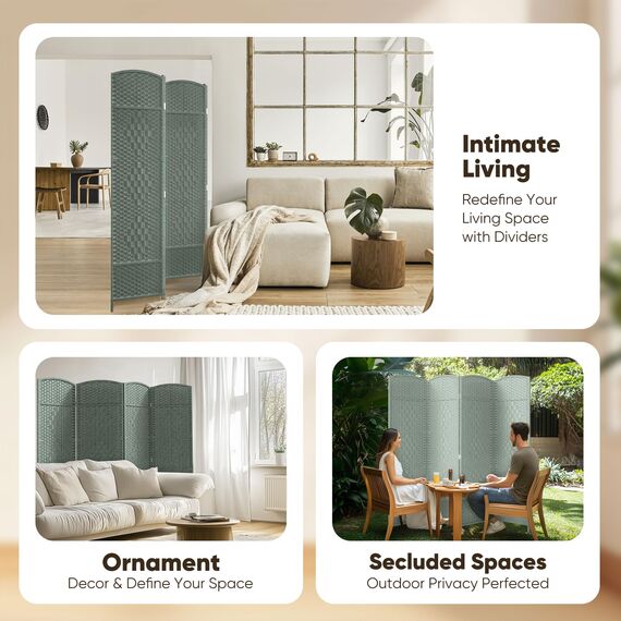 JOSTYLE Faltbarer Sichtschutz Raumteiler, 4 Paneele, 1,8 m hoch, freistehend, extra breit, Rattan, Raumteiler, Trennwand, Trennwände, Grau