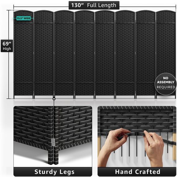 Sorbus 8 Paneele Raumteiler 1,8 m hoch - Sichtschutz, extra breite Doppelscharnierpaneele, Mesh handgewebtes Design, Trennwand Raumteiler und klappbare Sichtschutzwände, Wandteiler für Raumtrennung