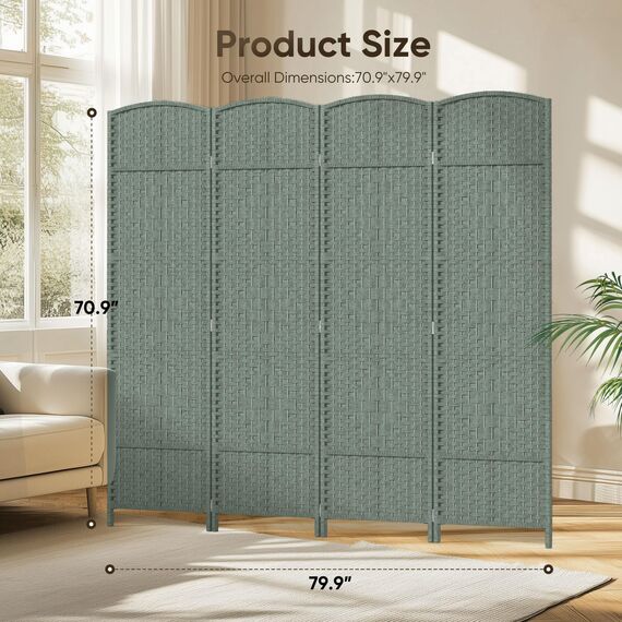JOSTYLE Faltbarer Sichtschutz Raumteiler, 4 Paneele, 1,8 m hoch, freistehend, extra breit, Rattan, Raumteiler, Trennwand, Trennwände, Grau