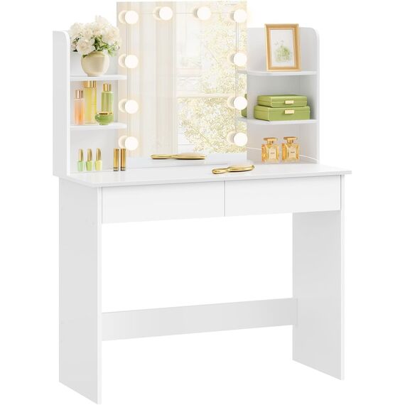 WOLTU Schminktisch, mit Beleuchtung LED, Einstellbarer Helligkeit, Schminktisch mit Großer Spiegel, Frisiertisch mit 2 Schubladen, 4 offene Ablagen, modern für Schlafzimmer, Weiß Holz