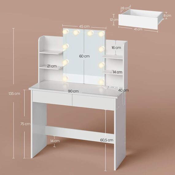 WOLTU Schminktisch mit Beleuchtung LED und Steckdosen, USB-A/USB-C, Schminktisch mit Spiegel, 2 Schubladen & 4 Ablagen, Moderner Frisiertisch für Schlafzimmer, 90x40 cm, Holz, Weiß