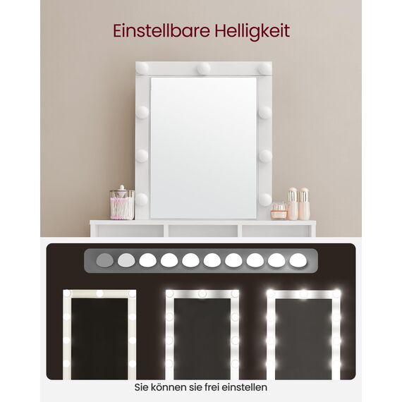 VASAGLE Kailyn Kollektion - Schminktisch mit LED-Beleuchtung, einstellbare Helligkeit, Frisiertisch mit Spiegel, Kosmetiktisch mit 2 Schubladen und 3 offenen Fächern, weiß RDT114W01