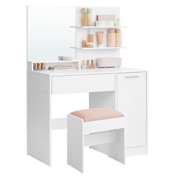 VASAGLE Kailyn Kollektion - Schminktisch mit Hocker, Frisiertisch mit Spiegel, Kosmetiktisch, Schublade und offene Ablagen, Schrank mit 2 verstellbaren Ablagen, weiß RDT719W01