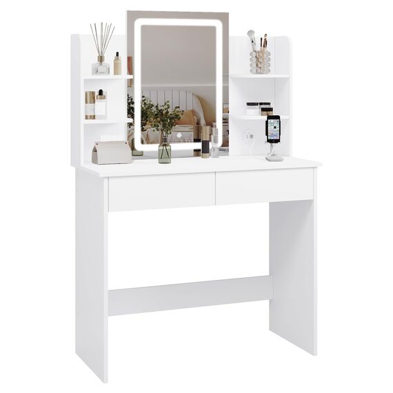 WOLTU Schminktisch mit LED-Beleuchtung, Einstellbarer Helligkeit, 2 USB-Ports, Frisiertisch Kosmetiktisch mit Spiegel, 2 Schubladen, 4 offene Ablagen, Make-up Tisch für Schlafzimmer, Weiß MB6112ws