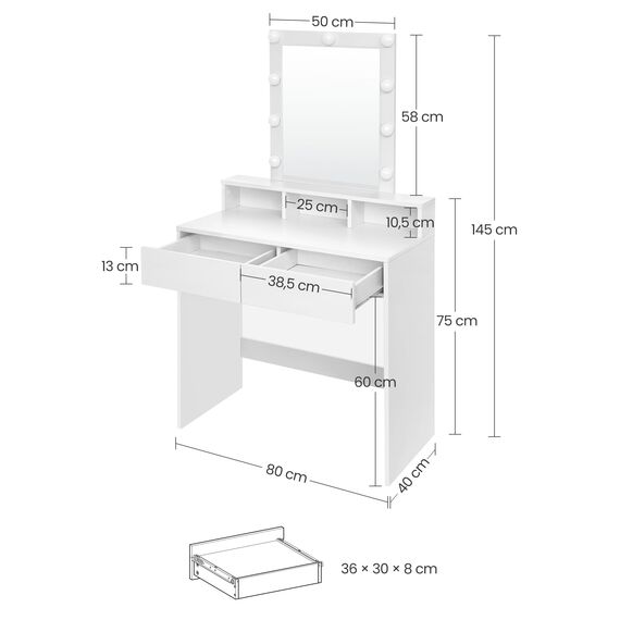 VASAGLE Kailyn Kollektion - Schminktisch mit LED-Beleuchtung, einstellbare Helligkeit, Frisiertisch mit Spiegel, Kosmetiktisch mit 2 Schubladen und 3 offenen Fächern, weiß RDT114W01