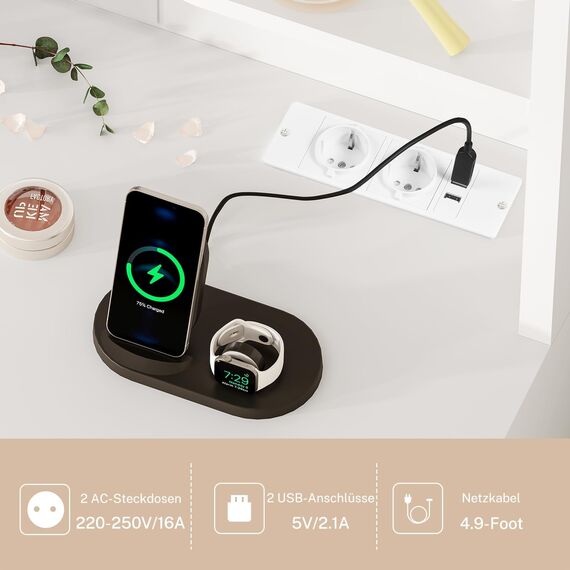 TEENFON Große Schminktisch mit LED-Beleuchtung und Steckdosen, Schminktisch mit Spiegel, 4 offenen Ablagen und 5 Schmuckhaken für das Schlafzimmer, Weiß，7 Schubladen Schminktisch+LED Beleuchtung