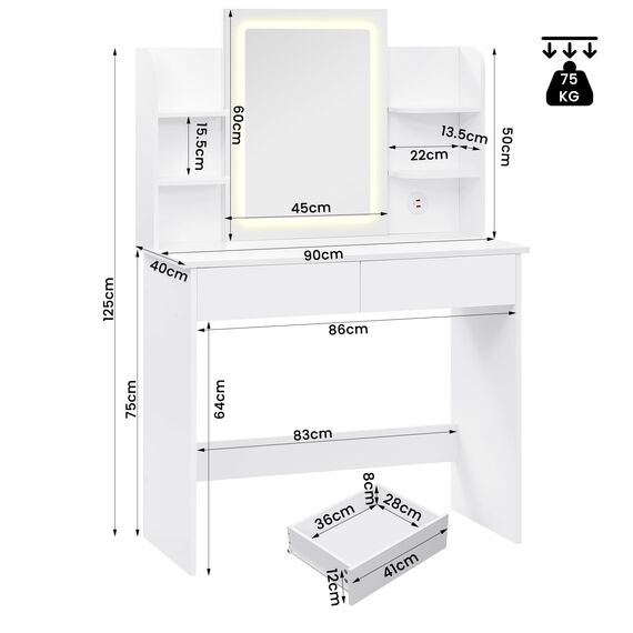 WOLTU Schminktisch mit LED-Beleuchtung, Einstellbarer Helligkeit, 2 USB-Ports, Frisiertisch Kosmetiktisch mit Spiegel, 2 Schubladen, 4 offene Ablagen, Make-up Tisch für Schlafzimmer, Weiß MB6112ws