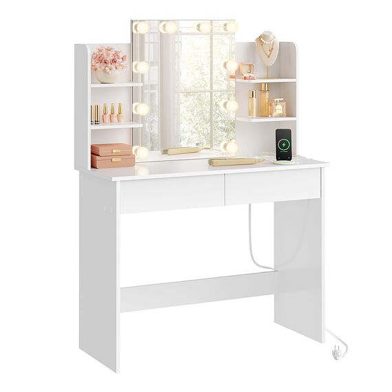 WOLTU Schminktisch mit Beleuchtung LED und Steckdosen, USB-A/USB-C, Schminktisch mit Spiegel, 2 Schubladen & 4 Ablagen, Moderner Frisiertisch für Schlafzimmer, 90x40 cm, Holz, Weiß