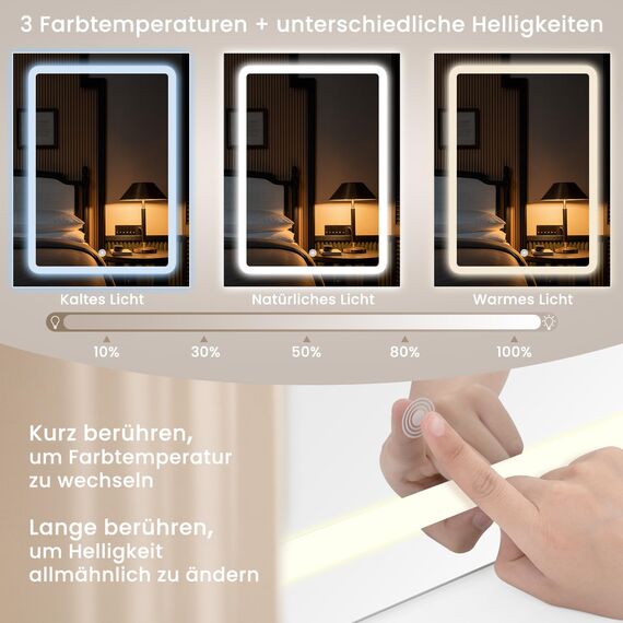 WOLTU Schminktisch mit LED-Beleuchtung, Einstellbarer Helligkeit, 2 USB-Ports, Frisiertisch Kosmetiktisch mit Spiegel, 2 Schubladen, 4 offene Ablagen, Make-up Tisch für Schlafzimmer, Weiß MB6112ws