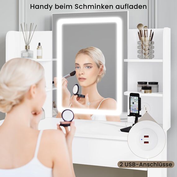WOLTU Schminktisch mit LED-Beleuchtung, Einstellbarer Helligkeit, 2 USB-Ports, Frisiertisch Kosmetiktisch mit Spiegel, 2 Schubladen, 4 offene Ablagen, Make-up Tisch für Schlafzimmer, Weiß MB6112ws