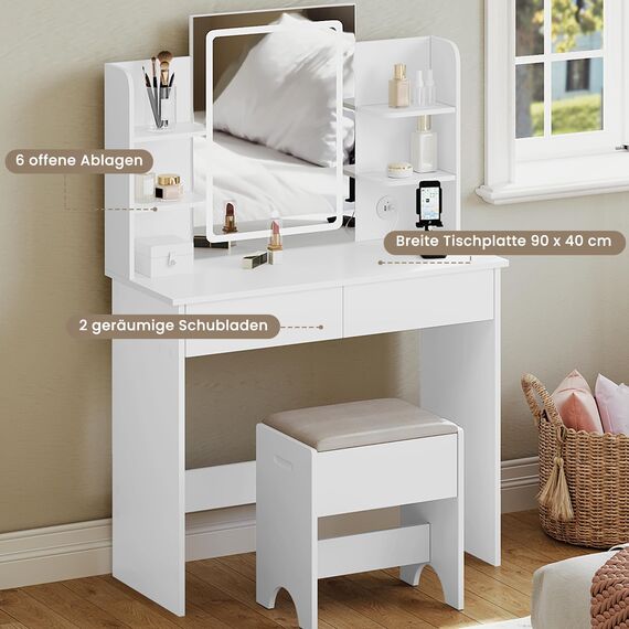 WOLTU Schminktisch mit LED-Beleuchtung, Einstellbarer Helligkeit, 2 USB-Ports, Frisiertisch Kosmetiktisch mit Spiegel, 2 Schubladen, 4 offene Ablagen, Make-up Tisch für Schlafzimmer, Weiß MB6112ws