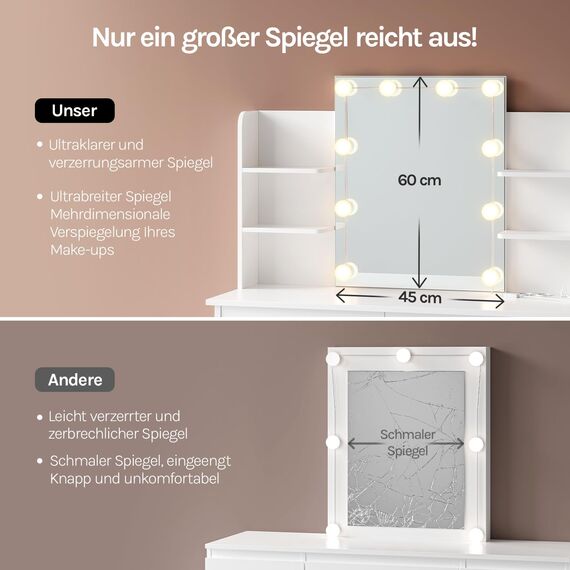 WOLTU Schminktisch mit Beleuchtung LED und Steckdosen, USB-A/USB-C, Schminktisch mit Spiegel, 2 Schubladen & 4 Ablagen, Moderner Frisiertisch für Schlafzimmer, 90x40 cm, Holz, Weiß