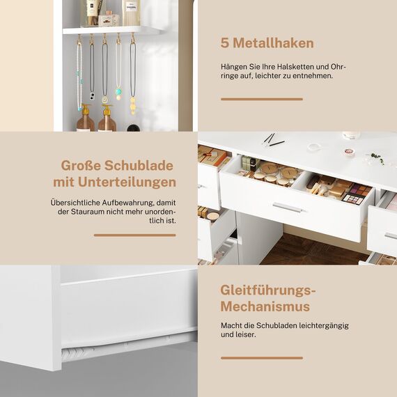TEENFON Große Schminktisch mit LED-Beleuchtung und Steckdosen, Schminktisch mit Spiegel, 4 offenen Ablagen und 5 Schmuckhaken für das Schlafzimmer, Weiß，7 Schubladen Schminktisch+LED Beleuchtung