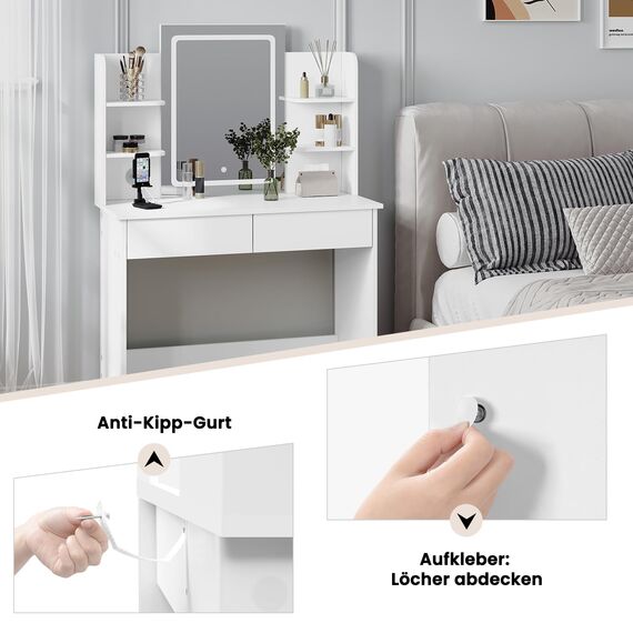 WOLTU Schminktisch mit LED-Beleuchtung, Einstellbarer Helligkeit, 2 USB-Ports, Frisiertisch Kosmetiktisch mit Spiegel, 2 Schubladen, 4 offene Ablagen, Make-up Tisch für Schlafzimmer, Weiß MB6112ws
