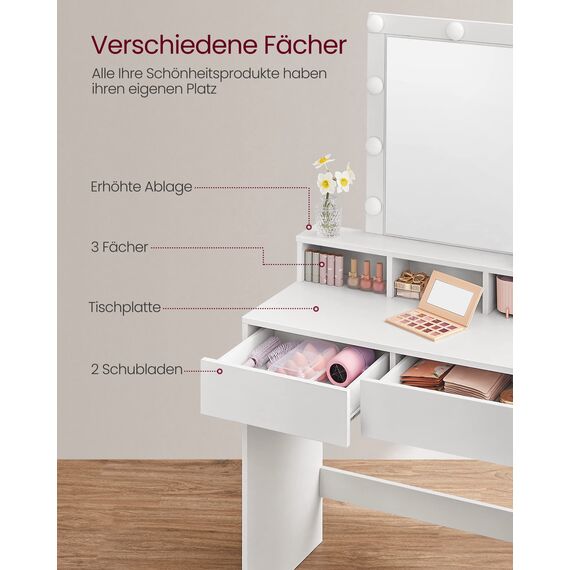 VASAGLE Kailyn Kollektion - Schminktisch mit LED-Beleuchtung, einstellbare Helligkeit, Frisiertisch mit Spiegel, Kosmetiktisch mit 2 Schubladen und 3 offenen Fächern, weiß RDT114W01