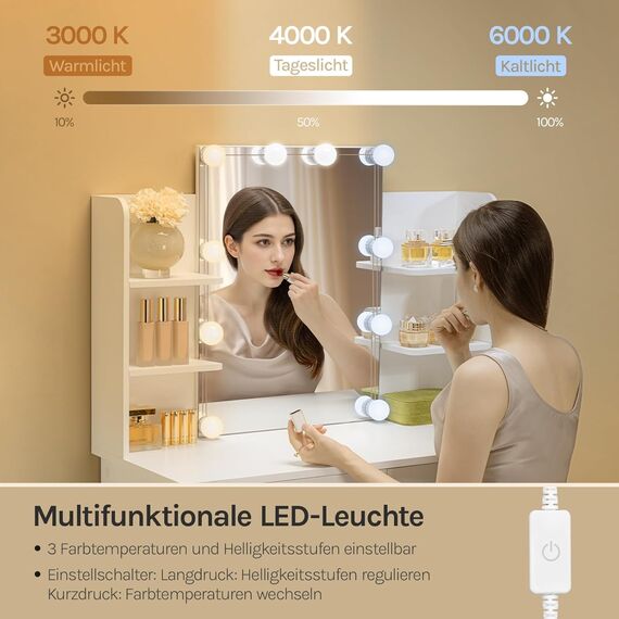 WOLTU Schminktisch, mit Beleuchtung LED, Einstellbarer Helligkeit, Schminktisch mit Großer Spiegel, Frisiertisch mit 2 Schubladen, 4 offene Ablagen, modern für Schlafzimmer, Weiß Holz