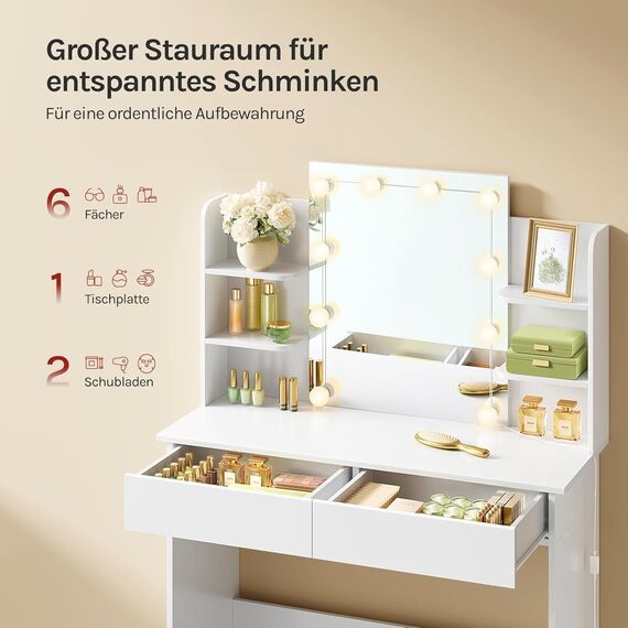 WOLTU Schminktisch, mit Beleuchtung LED, Einstellbarer Helligkeit, Schminktisch mit Großer Spiegel, Frisiertisch mit 2 Schubladen, 4 offene Ablagen, modern für Schlafzimmer, Weiß Holz