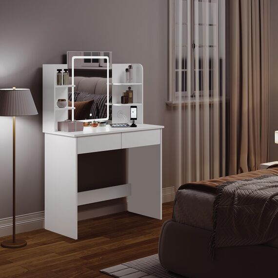 WOLTU Schminktisch mit LED-Beleuchtung, Einstellbarer Helligkeit, 2 USB-Ports, Frisiertisch Kosmetiktisch mit Spiegel, 2 Schubladen, 4 offene Ablagen, Make-up Tisch für Schlafzimmer, Weiß MB6112ws