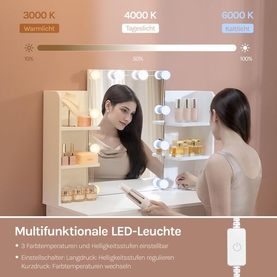 WOLTU Schminktisch mit Beleuchtung LED und Steckdosen, USB-A/USB-C, Schminktisch mit Spiegel, 2 Schubladen & 4 Ablagen, Moderner Frisiertisch für Schlafzimmer, 90x40 cm, Holz, Weiß