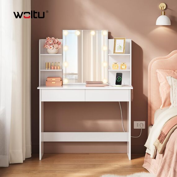 WOLTU Schminktisch mit Beleuchtung LED und Steckdosen, USB-A/USB-C, Schminktisch mit Spiegel, 2 Schubladen & 4 Ablagen, Moderner Frisiertisch für Schlafzimmer, 90x40 cm, Holz, Weiß